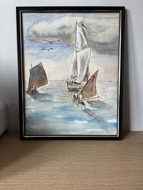 Framed Nautical Sailboat Watercolor and Ink Painting in Blue and Brown